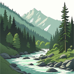 Alpine river valley with mountains and trees © cccc