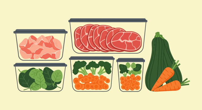 Flat design food storage with fresh vegetables and slices of meat in containers