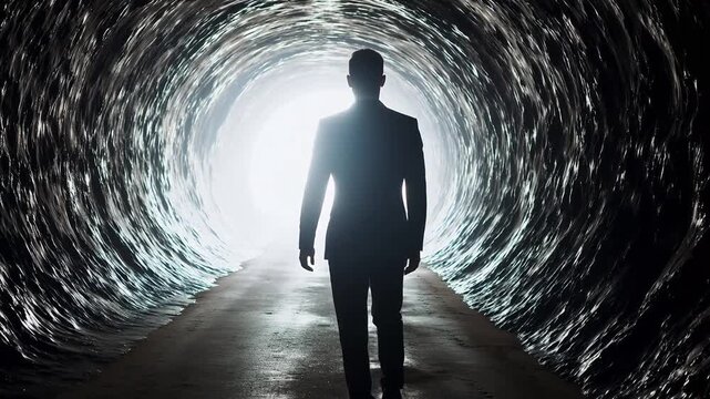 Silhouette of a man walking through a tunnel