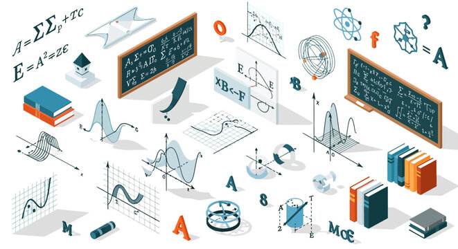 Isometric mathematics design with equations, graphs, and geometric shapes in a 3d educational setting
