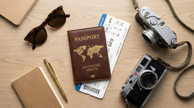 Vintage Leica camera with a stamped passport and an airline boarding pass on a rustic wooden background
