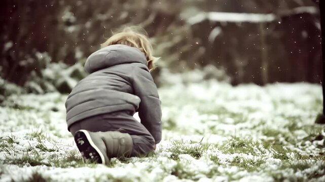 Spring snow ice thaw, end of Winter Season, hope, fresh start. A young child in a gray jacket and pants crouched in the snow, surrounded by a blanket of white.