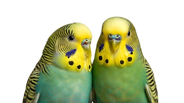 Two colorful parakeets standing side by side on transparent background