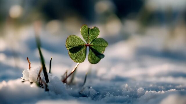 Spring snow ice thaw, end of Winter Season, hope, fresh start. A four leaf clover in the snow, its vibrant green leaves contrasting against the white backdrop. The snow is pristine and untouched.