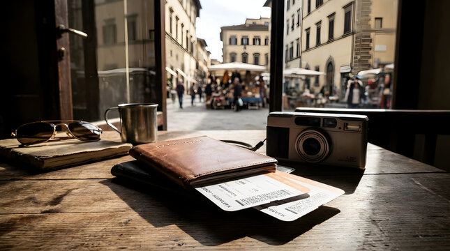 Vintage Leica camera with a stamped passport and an airline boarding pass on a rustic wooden background