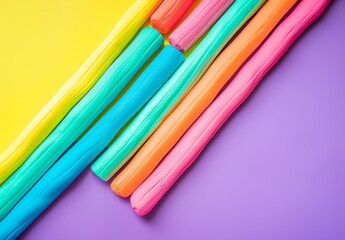 Fototapeta premium Colorful modeling clay sticks flat lay on vibrant background creative craft material arrangement
