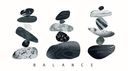 Stone Balance. Pyramid of pebbles. Various shapes, textures. Wellness, meditation, calm, balance, yoga, zen, harmony concept. Hand drawn Vector illustration. Poster, print, logo, design template