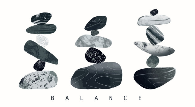 Stone Balance. Pyramid of pebbles. Various shapes, textures. Wellness, meditation, calm, balance, yoga, zen, harmony concept. Hand drawn Vector illustration. Poster, print, logo, design template