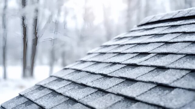 Spring snow ice thaw, end of Winter Season, hope, fresh start. A closeup of a snowcovered roof in a winter setting, with a blurred background. The roof is covered in a thick layer of snow.