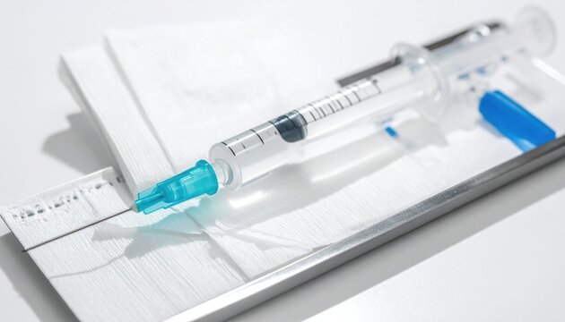 A sterile medical syringe filled with clear liquid rests on a clean tray, ready for administration.