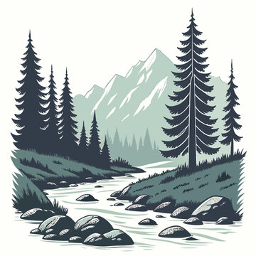 Landscape of alpine forest with stream and mountains