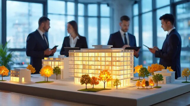 Business people discussing building model