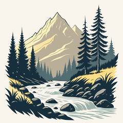 Fototapeta premium Mountain river flowing through forest with pine trees and rocky shore