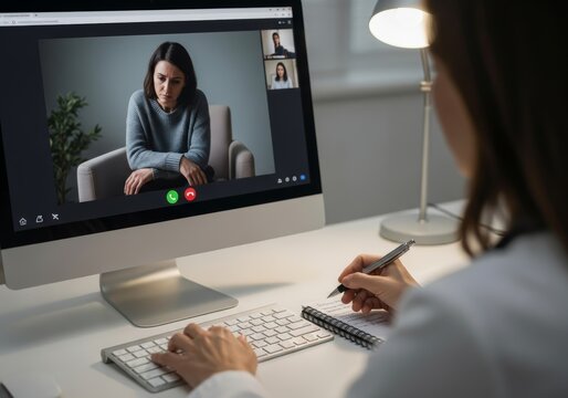 Woman therapist having video call with sad patient on computer screen. Remote psychological support and mental health consultation for depression. Online counseling session in office.