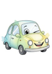 Cute cartoon car with happy face winking. Watercolor illustration of funny vehicle character. Cheerful transport concept for children book design, nursery decor or educational poster.