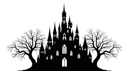 A hauntingly beautiful gothic castle silhouette with bare trees on a white background © Graphicslover
