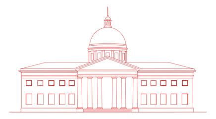 A red line drawing of a building with a large dome and columns © Graphicslover