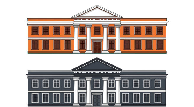 Illustration of two neoclassical buildings with columns and triangular pediments