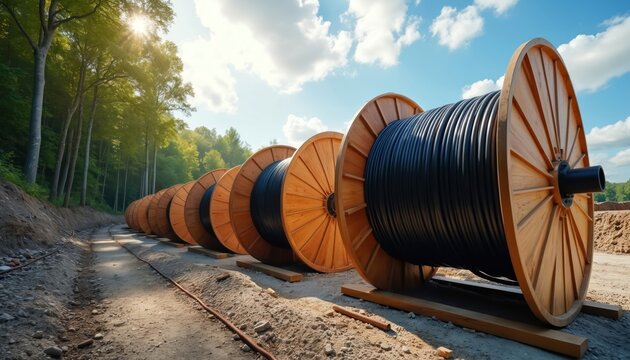 Large wooden spools of black cable sit ready for installation at an outdoor construction site. The coiled wires are set up on dirt ground near a forest with sunlit trees and blue skies above.
