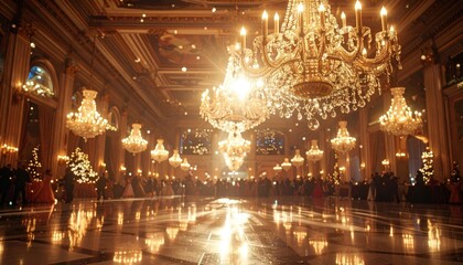 Obraz premium An Elaborate Crystal Chandelier Illuminates a Grand Ballroom During an Opulent Evening Event
