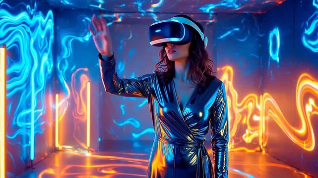 Woman in VR headset interacting with colorful lights