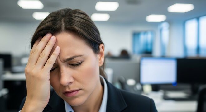 Stressed woman office worker feeling headache. Businesswoman with burnout suffering pain at workplace. Mental exhaustion, professional fatigue and job anxiety in corporate environment.