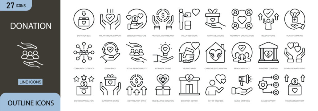 Donation icons set representing charity, giving support, volunteer help, community aid and fundraising concepts in simple outline style.