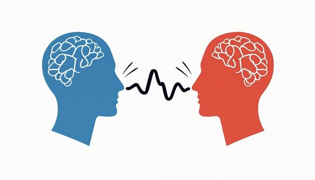 Stylized human heads face each other brain connection. Wavy line shows thought transfer or communication. People share ideas, interact or feel empathy. Abstract concept of mental link and social.