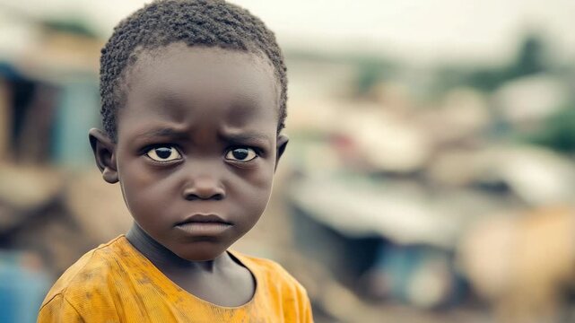 Little sad African child on a blurred background of African slums, Africa, diversity, charity, childhood, poverty, boy on the street, homeless kid, social problems