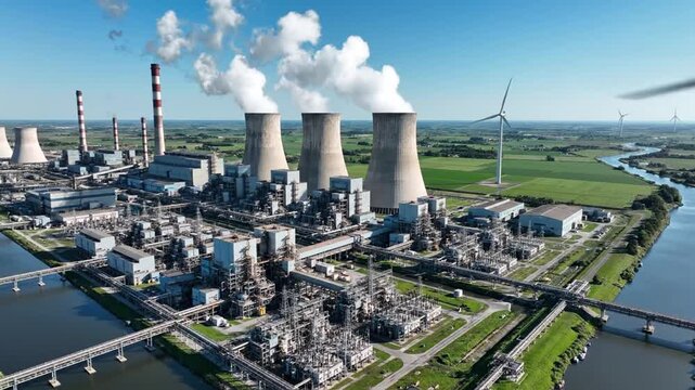 Aerial view industrial power plant, cooling towers, wind turbines, river