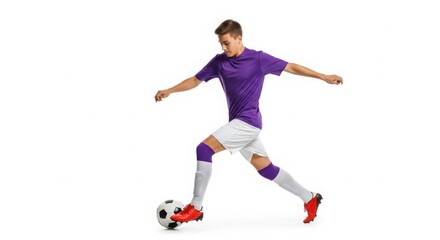 Obraz premium A young man in a purple shirt kicking a soccer ball with skill and focus.