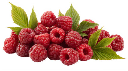 Fresh raspberries with green leaves on white background, healthy food