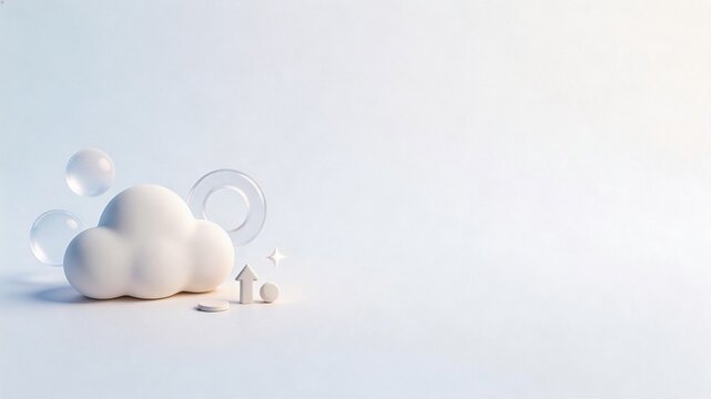 Minimalist 3D cloud with upward arrow on pale background symbolic growth