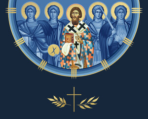 Naklejka premium Saint Sava Serbian and four cardinal points (Archangel Gabriel, Uriel, Raphael and Michael). Illustration in Byzantine style isolated