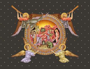 Naklejka premium The Raising of Lazarus. Decorative vintage illustration with angels in Byzantine style