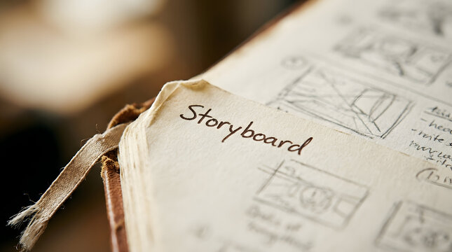 Storyboard notebook on a wooden desk with a cup of coffee pencil and eraser for creative film or animation planning