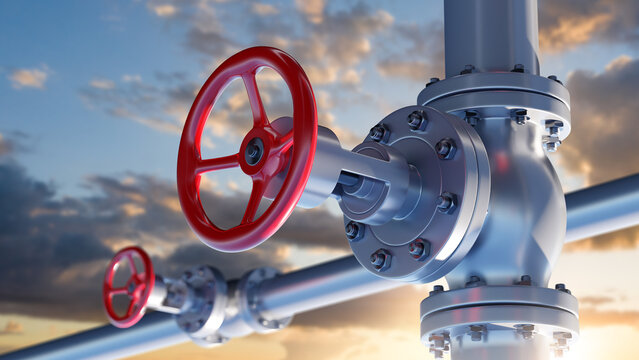 Oil and gas pipeline infrastructure. Industrial metal valves control flow in energy transport system, regulating pressure and fuel distribution in petrochemical pipeline network.