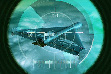 Military drone warfare and air defense monitoring. Shahed loitering munition drone targeted in...