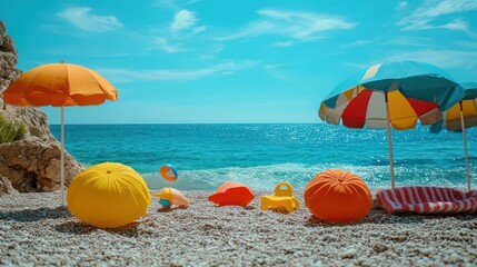 Obraz premium Colorful beach umbrellas, toys, and lounge chairs on a sunny beach.