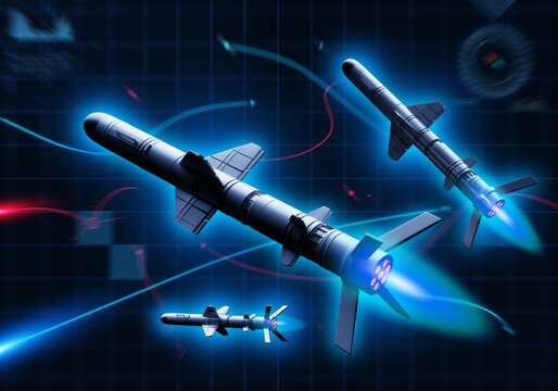 Modern missile defense and guided weapons technology. Multiple tactical missiles launch in coordinated flight path, illustrating advanced military systems, targeting and aerial strike capability.