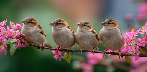 Fototapeta premium a group of small, adorable sparrows perch on a branch and gaze at the pink flowers in spring, with a blurred green background