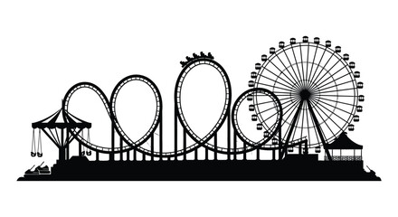 A striking black silhouette of an amusement park featuring a roller coaster and ferris wheel silhouette © AL-AMIN