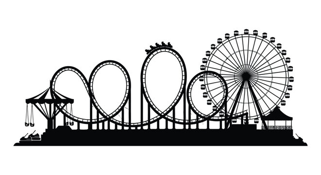 A striking black silhouette of an amusement park featuring a roller coaster and ferris wheel silhouette