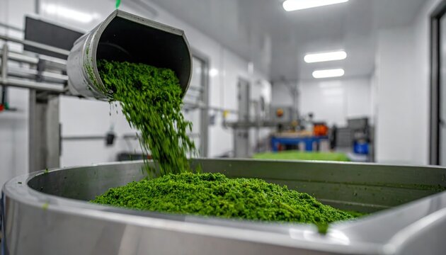 Nutrient-rich green algae paste being processed in a modern food production facility