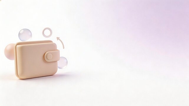 Minimal beige 3D wallet icon with syncing arrows on pastel gradient background