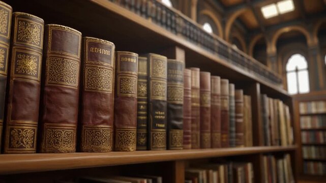 Old books on wooden shelves in a library