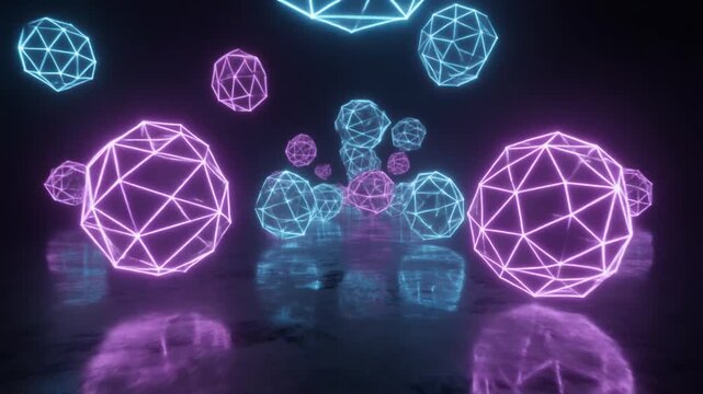 Neon-lit geometric shapes floating in a dark room