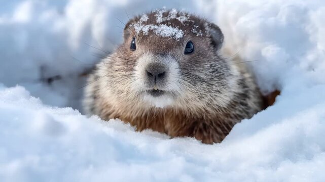 Spring snow ice thaw, end of Winter Season, hope, fresh start. A groundhog peeking out of a hole in the snow, its brown, cream and black fur contrasting against the white backdrop.