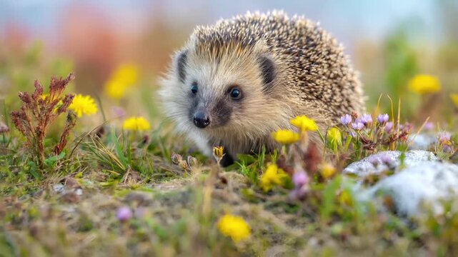 Spring snow ice thaw, end of Winter Season, hope, fresh start. A hedgehog in a field of yellow and purple flowers, with a blurred background. The hedgehog is in sharp focus.