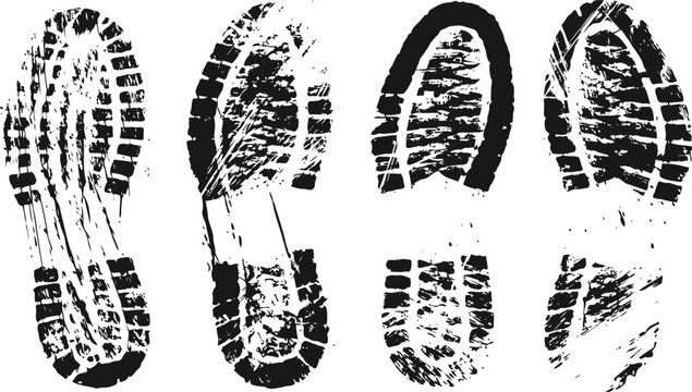 Black grunge shoe sole prints set four different boot and sneaker footprint silhouettes in rough textured